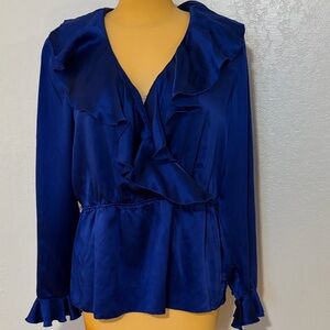 Sapphire Blue Ruffled Wrap Blouse 100% silk Oscar by Oscar de la renta